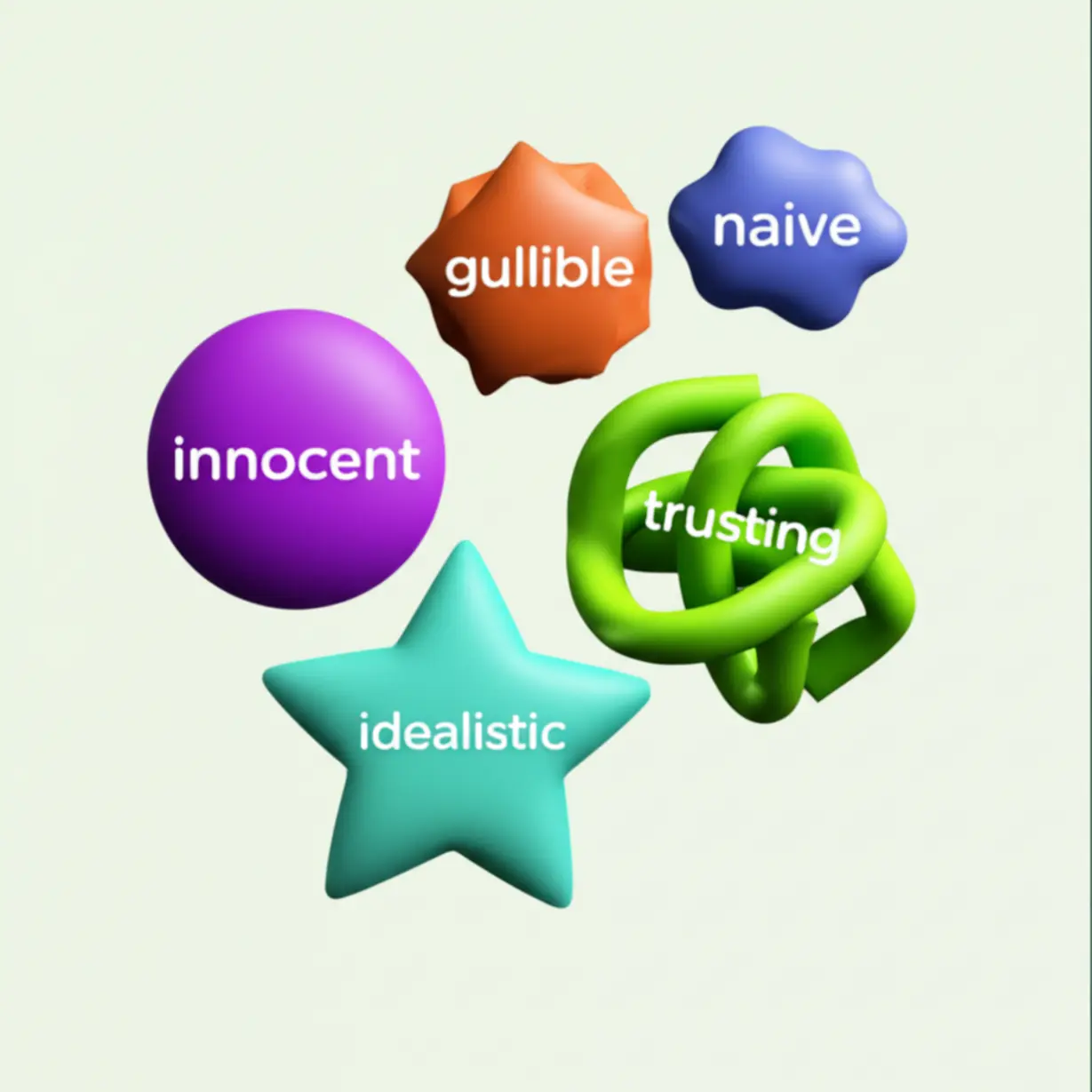 A-cute-3D-image-of-geometric-shapes-representing-different-words-like-innocent,-gullible,-idealistic,-trusting,-and-naive.