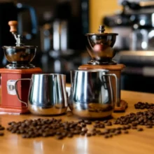 A-cozy-coffee-shop-counter-with-stylized-barista-tools-like-an-espresso-machine,-grinder,-and-milk-pitcher,-bathed-in-soft-light.