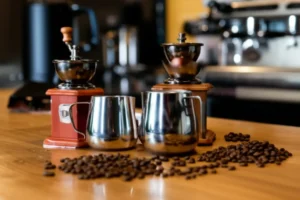 A-cozy-coffee-shop-counter-with-stylized-barista-tools-like-an-espresso-machine,-grinder,-and-milk-pitcher,-bathed-in-soft-light.