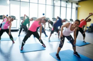 A-group-of-people-happily-exercising-in-a-modern-fitness-center,-symbolizing-health-and-fitness-management.