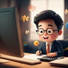 A-cute-3D-illustration-of-an-accountant-character-working-on-a-computer,-surrounded-by-financial-symbols,-representing-the-Jeonsan-Hoegye-1st-Class-certification.