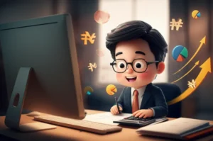 A-cute-3D-illustration-of-an-accountant-character-working-on-a-computer,-surrounded-by-financial-symbols,-representing-the-Jeonsan-Hoegye-1st-Class-certification.