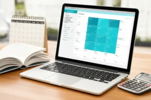 노트북과-교재,-계산기가-놓인-책상에서-전산회계2급을-공부하는-모습