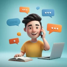 휴대전화로-영어-회화하며-자신감-넘치는-모습의-3D-캐릭터