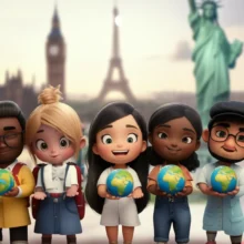 A-cute-3D-rendering-of-people-from-various-cultures-happily-conversing-with-speech-bubbles,-holding-tiny-globes,-representing-easy-communication-during-international-travel.