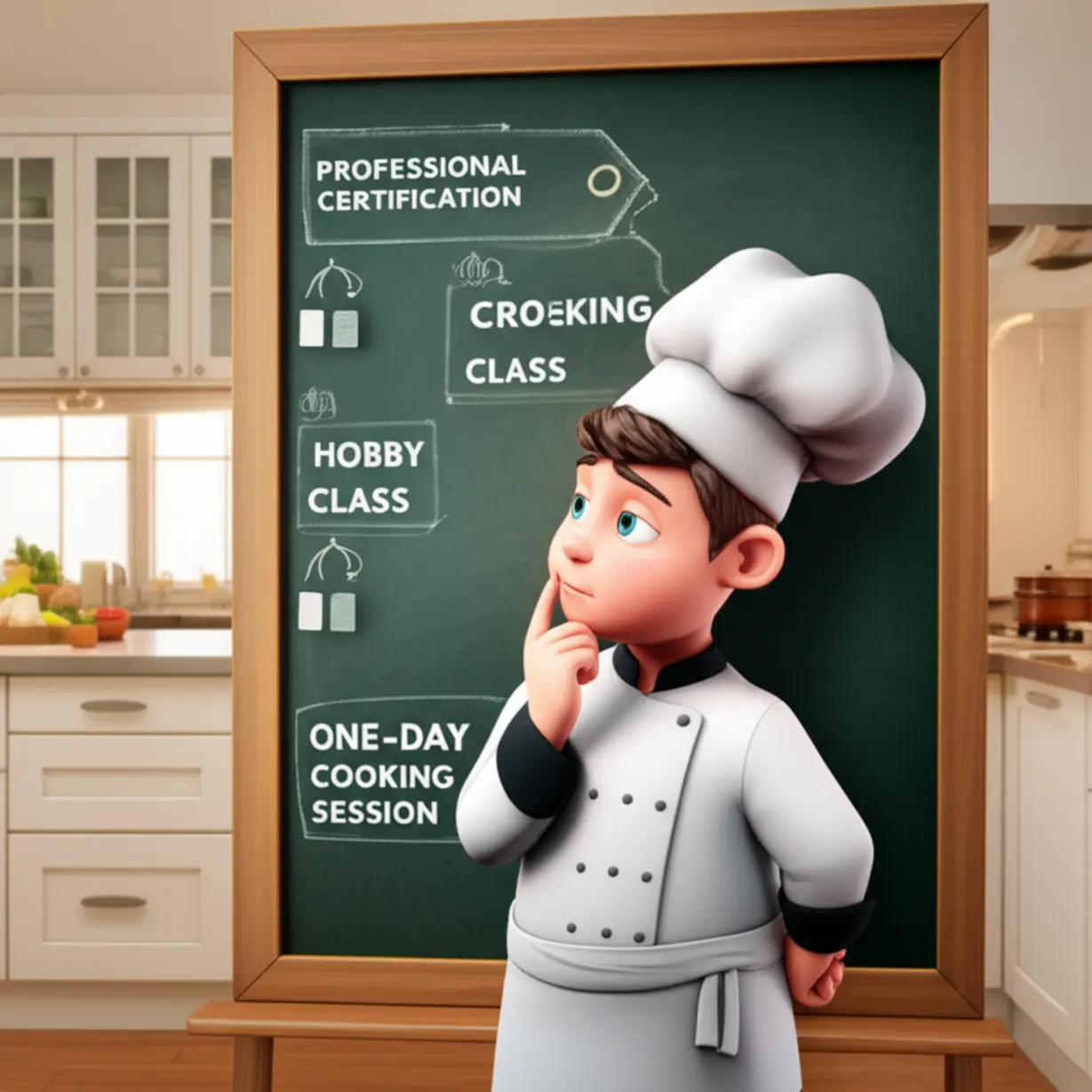 A-cute-3D-chef-character-standing-next-to-a-chalkboard-listing-different-cooking-academy-course-prices-and-options.