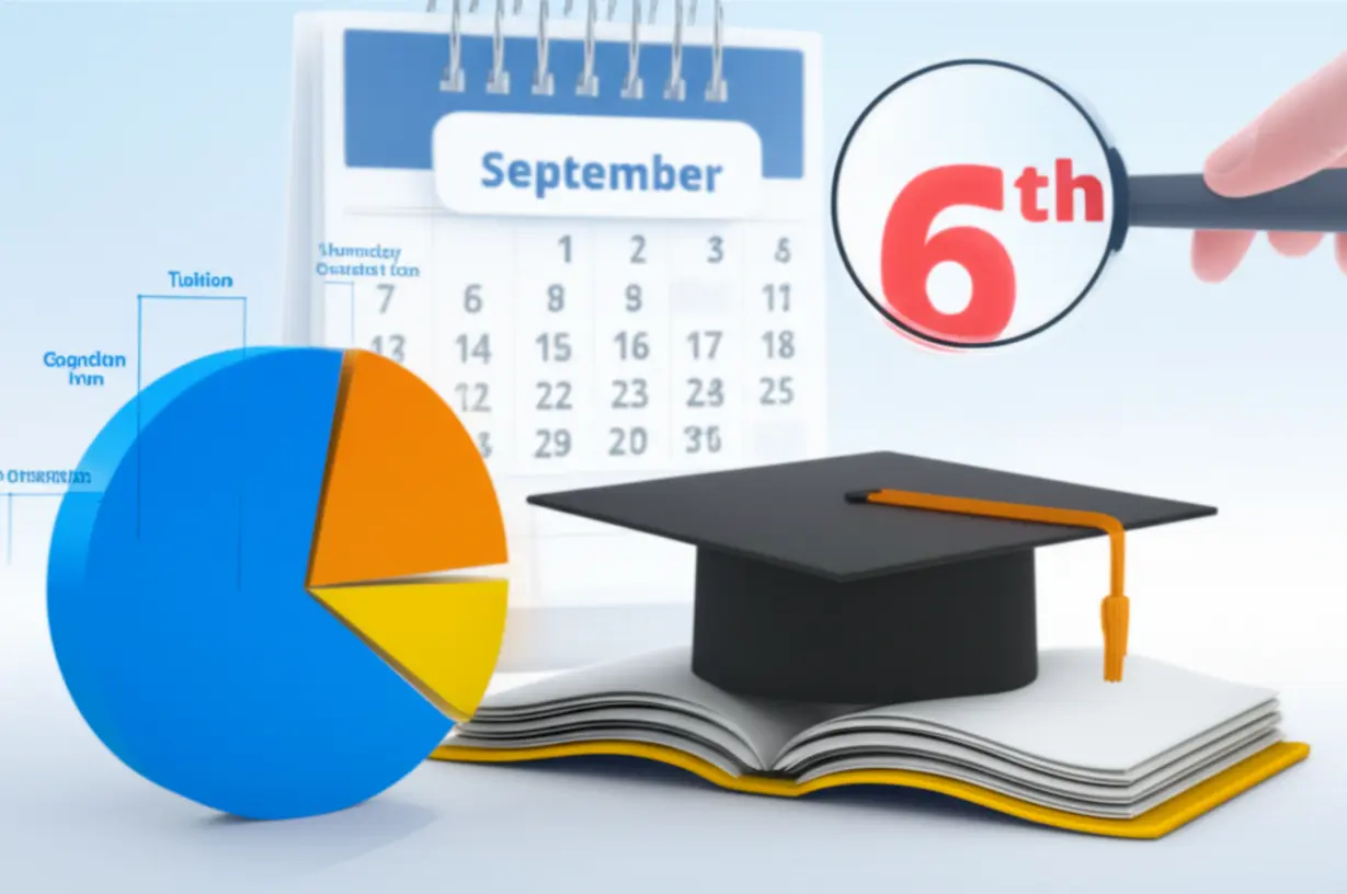 A-3D-image-combining-a-pie-chart-of-study-costs,-a-graduation-cap-on-a-book-for-future-pathways,-and-a-calendar-highlighting-September-6th-for-an-information-session.