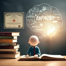 책상에-앉아-심리학-책에-둘러싸인-사람,-공감과-이해를-상징하는-생각-풍선,-그리고-빛나는-자격증이-있는-귀여운-3D-이미지