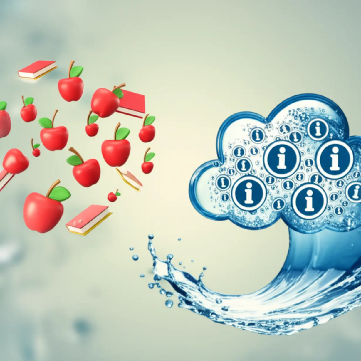 A-3D-illustration-with-separate,-distinct-icons-like-apples-and-books-on-one-side,-and-blended,-flowing-symbols-like-water-and-information-on-the-other,-representing-countable-and-uncountable-nouns.