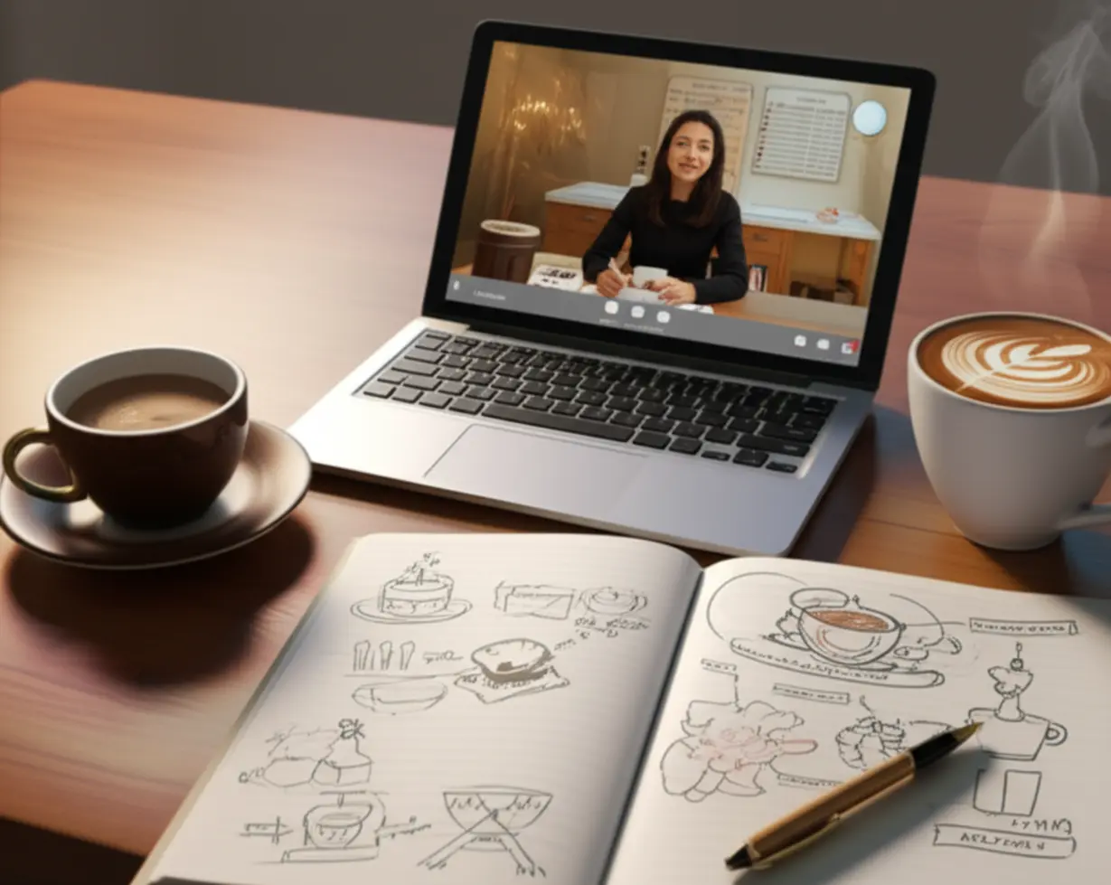 A-warm-and-inviting-study-area-with-a-laptop-showing-a-barista-lecture,-an-open-textbook,-a-notebook-with-coffee-diagrams,-and-a-hot-cup-of-coffee,-set-in-a-peaceful,-focused-environment.