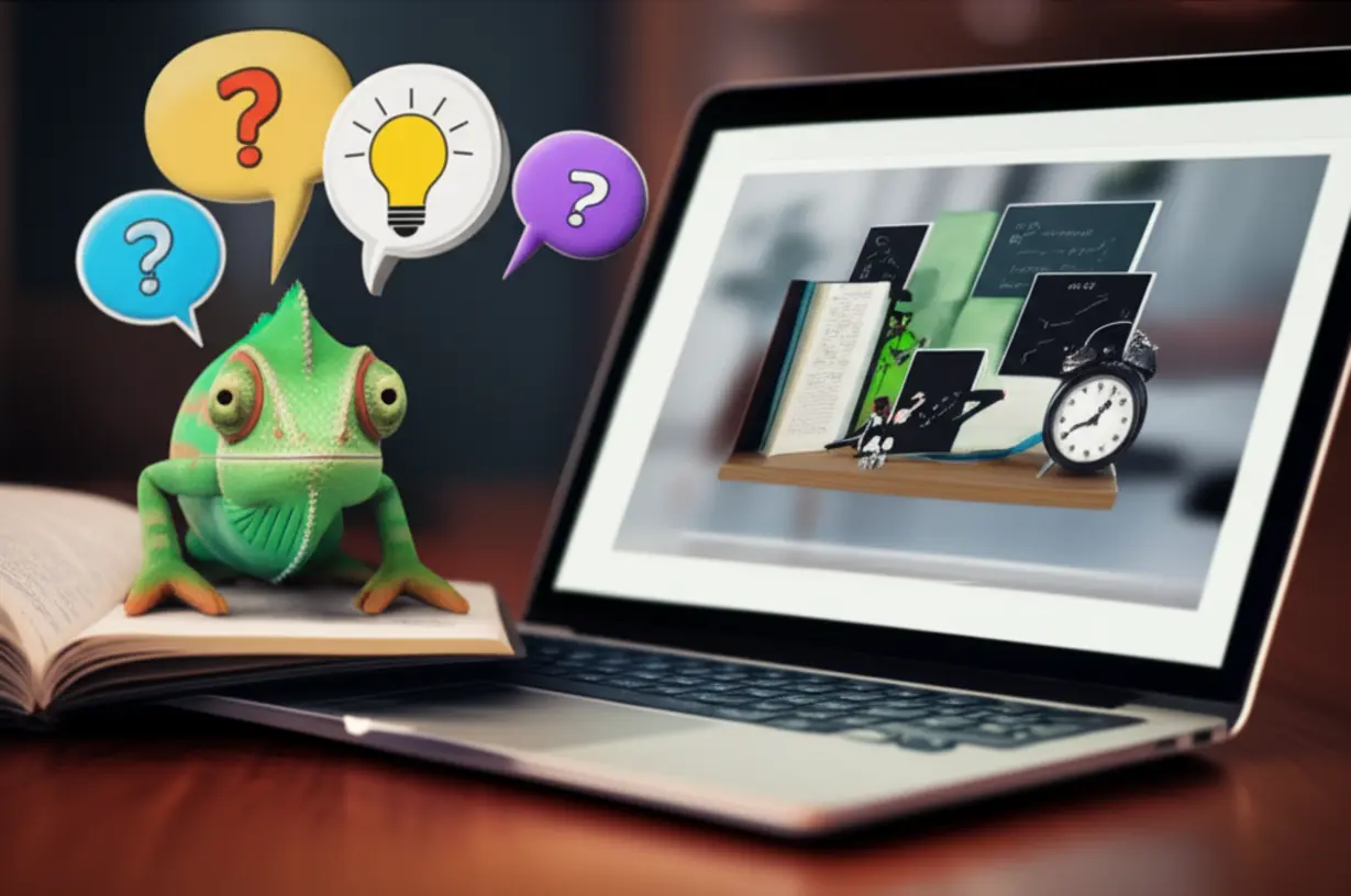 Cute-3D-illustration-of-a-chameleon-changing-colors,-representing-flexible-and-customized-online-English-classes.