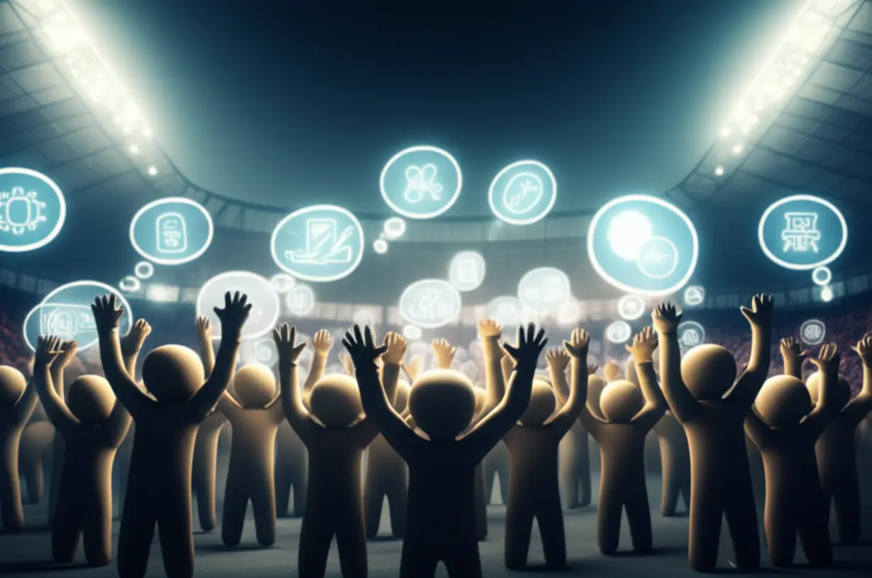 Cute-3D-rendering-of-diverse,-stylized-baseball-fans-cheering-in-a-stadium,-with-thought-bubbles-indicating-their-appreciation-for-players