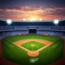 Cute-3D-rendering-of-a-vibrant-baseball-stadium-at-sunset,-with-a-golden-spotlight-illuminating-the-center-of-the-empty-field,-symbolizing-top-players.