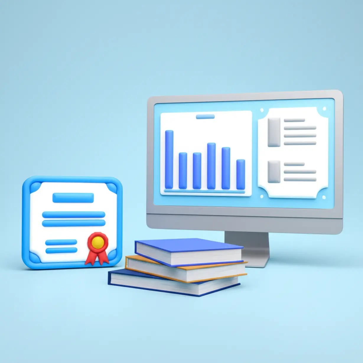 3D-render-of-a-certificate,-books,-and-a-bar-chart-on-a-computer-screen,-symbolizing-exam-information-and-statistics.