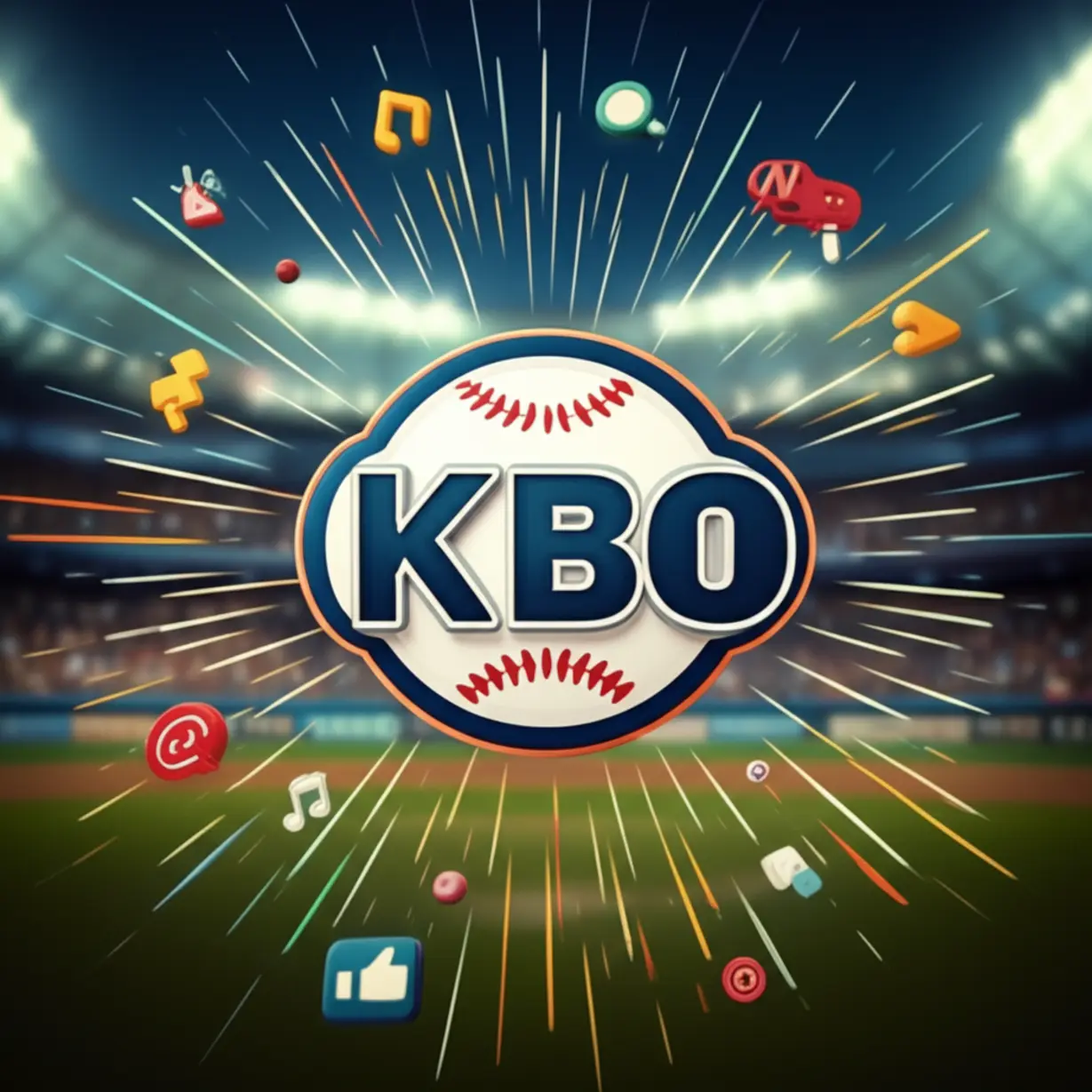 Cute-3D-rendering-of-a-stylized-baseball-league-logo-radiating-symbols-of-popularity,-fan-engagement,-and-media-buzz,-with-a-subtle-cheering-crowd-in-the-background.