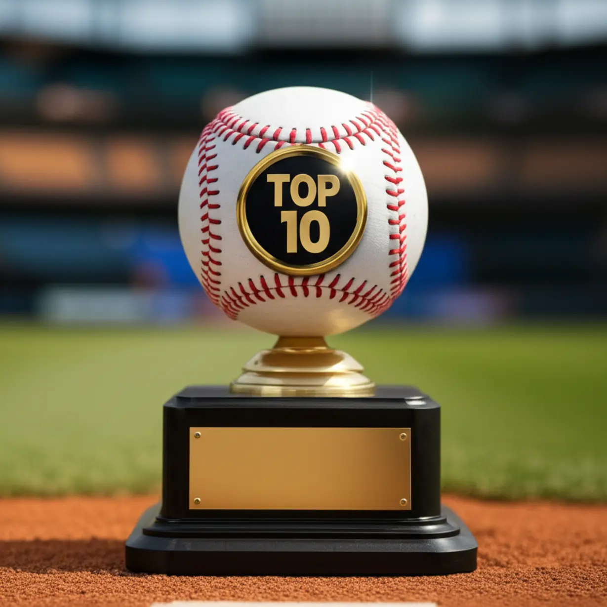 Cute-3D-rendering-of-a-stylized-baseball-shaped-trophy-pedestal-with-a-shining-"TOP-10"-badge,-signifying-the-ranking-of-top-players,-against-a-blurred-baseball-field.