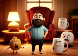 A-friendly-cartoon-character-telling-jokes-in-a-warm-living-room,-surrounded-by-laughing-furniture-and-objects,-symbolizing-a-humorous-atmosphere.