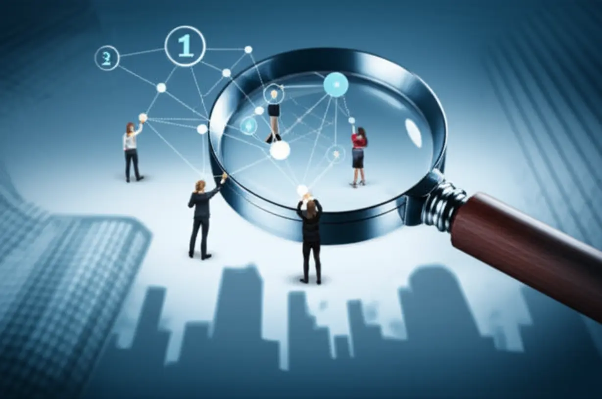 3D-rendering-of-a-magnifying-glass-over-data-points,-symbolizing-data-analysis-and-career-opportunities.