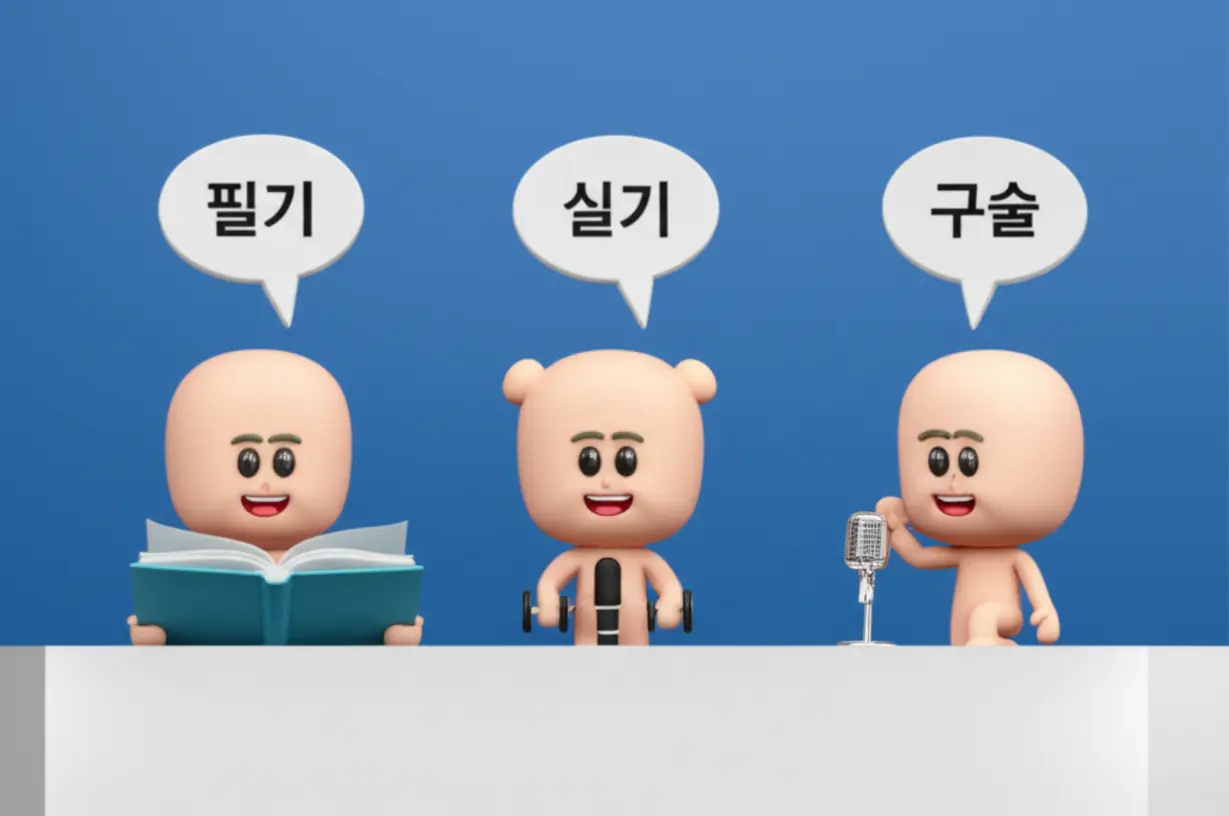 Three-cute-3D-stylized-characters-depicting-the-exam-stages:-one-reading-a-book-for-the-written-exam,-one-exercising-with-a-tiny-barbell-for-the-practical-exam,-and-one-answering-questions-for-the-oral-exam.