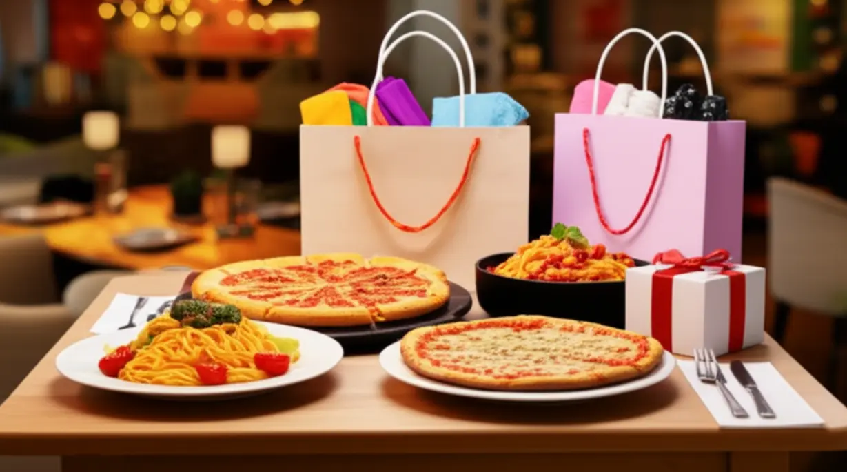 A-cute-3D-representation-of-a-table-laden-with-delightful-food-and-a-bright-shopping-bag,-illustrating-essential-phrases-for-eating-out-and-shopping-abroad.