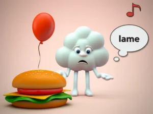 실망한-표정의-귀여운-캐릭터가-풍선,-버거,-음표와-함께-'lame'의-의미를-표현하는-3D-이미지