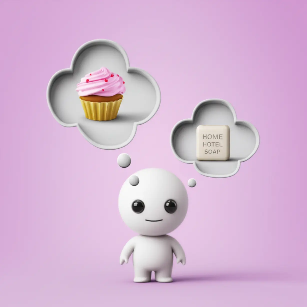 Cartoon-character-with-thought-bubbles-showing-a-cupcake-and-a-hotel-soap,-symbolizing-