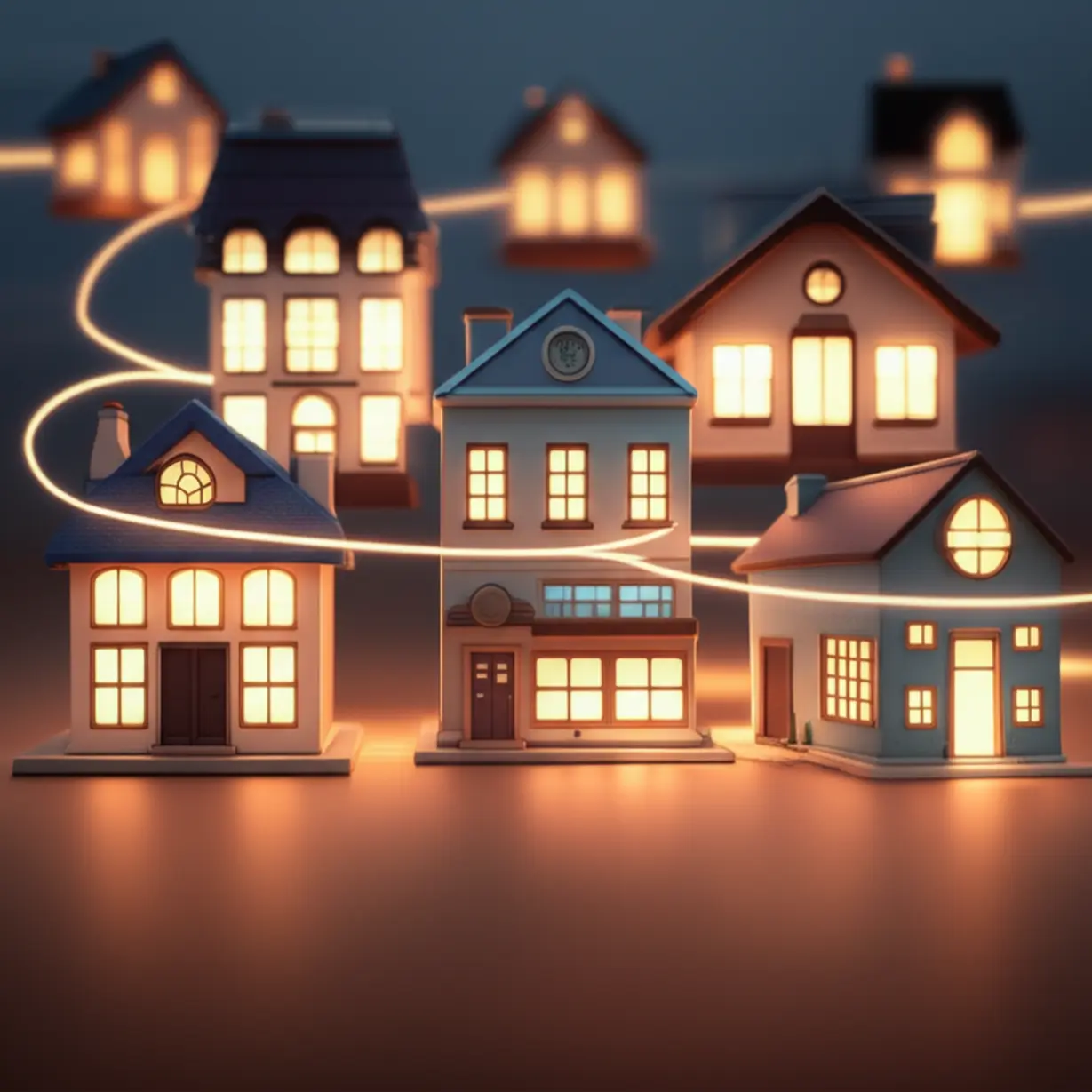 3D-image-of-stylized-buildings-connected-by-musical-lines,-representing-career-paths.