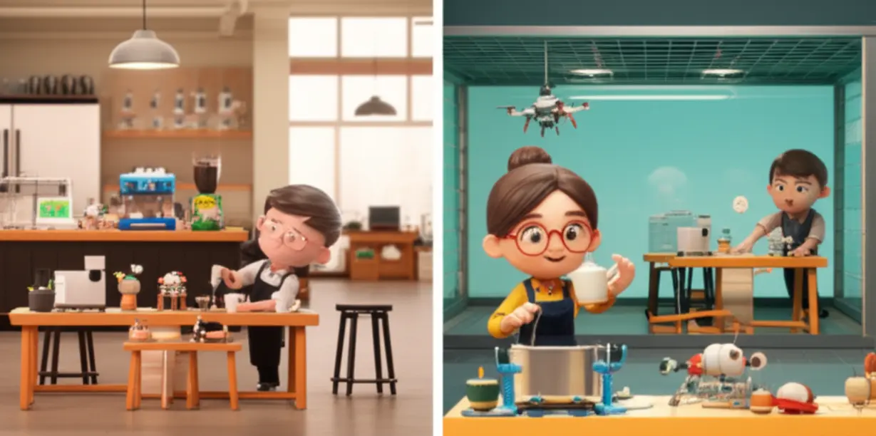 A-3D-image-depicting-children-engaged-in-various-career-activities-like-barista,-robotics,-drone-flying,-and-crafting.