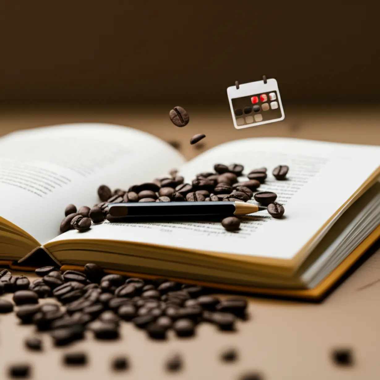 An-open-textbook-with-coffee-beans-and-a-pencil,-symbolizing-effective-study-techniques-for-barista-certification.