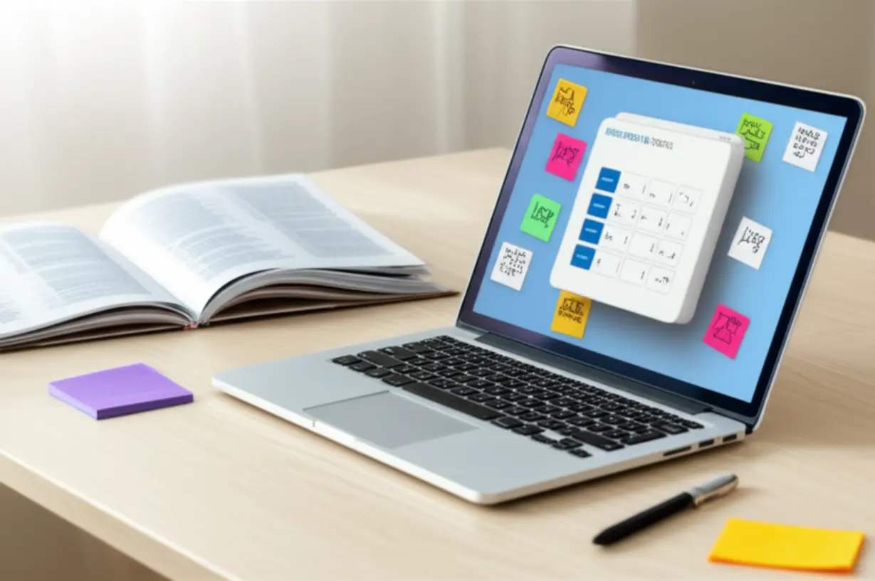 A-3D-illustration-of-a-study-desk-with-learning-materials,-symbolizing-exam-preparation.