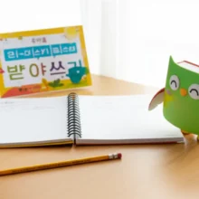 A-cute-3D-image-of-a-school-desk-with-a-notebook,-pencil,-and-a-colorful-dictation-level-chart,-supervised-by-a-cartoon-book-character,-in-a-warm-child's-room.