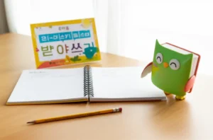 A-cute-3D-image-of-a-school-desk-with-a-notebook,-pencil,-and-a-colorful-dictation-level-chart,-supervised-by-a-cartoon-book-character,-in-a-warm-child's-room.