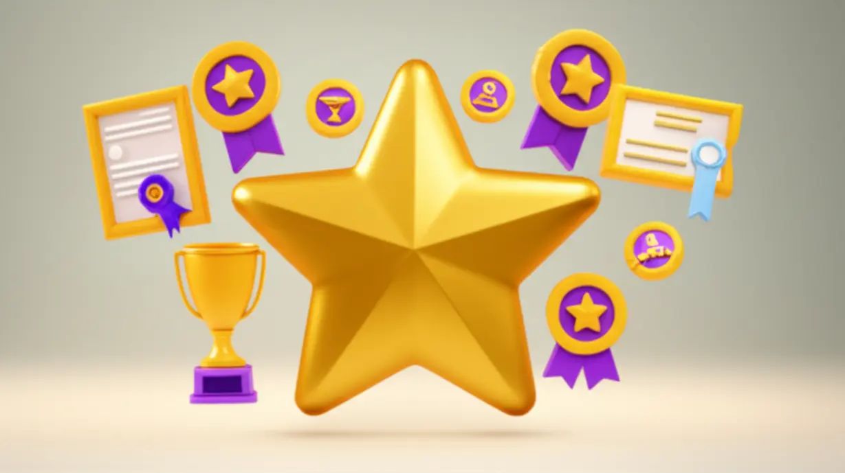 A-3D-illustration-of-badges-and-trophies-representing-qualifications,-bonus-points,-and-achievements.