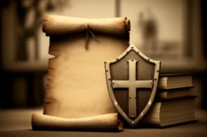 중세-기사의-방패와-현대-법률-서적이-나란히-놓여-에스콰이어의-역사적-변화를-보여주는-3D-이미지