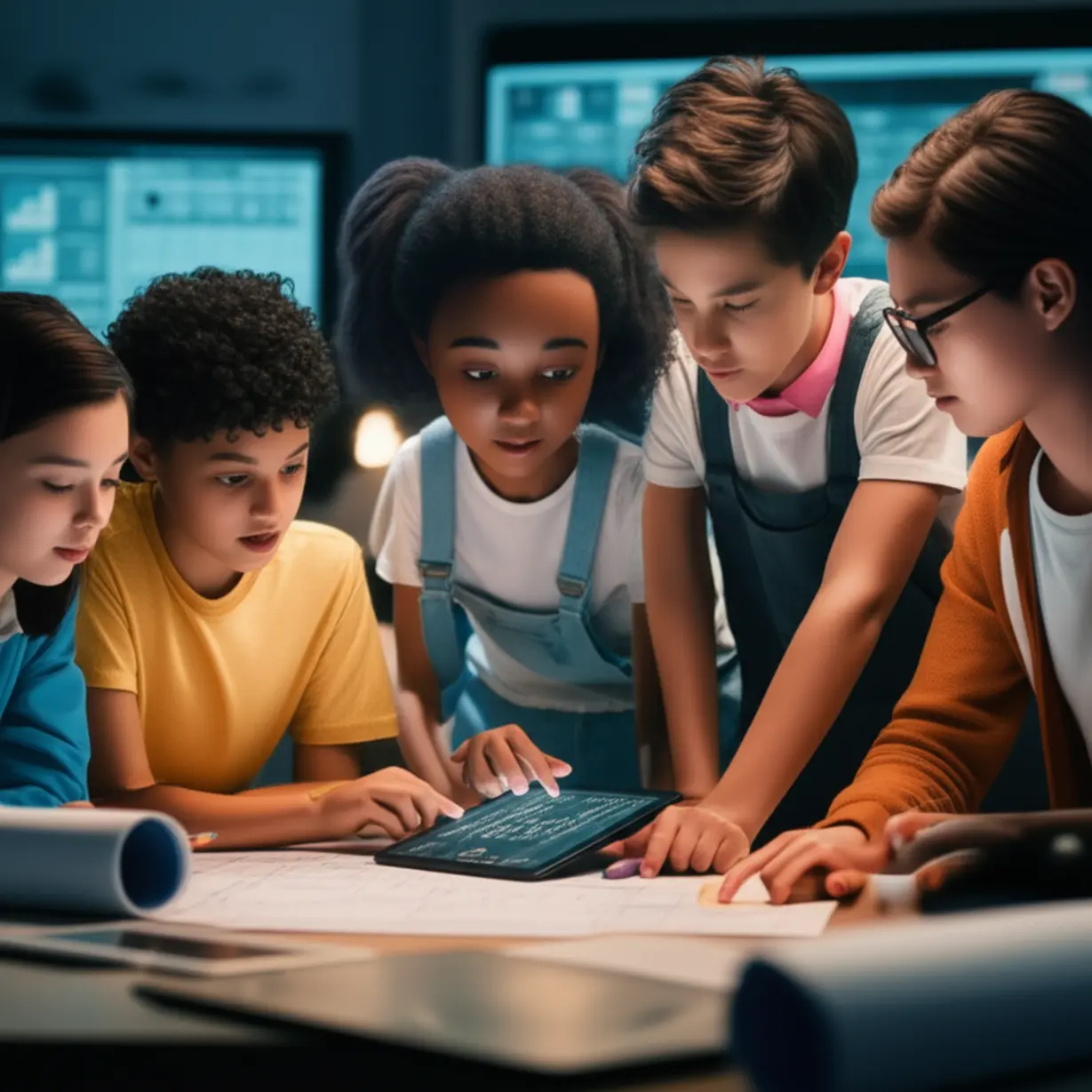 A-cute-3D-image-of-stylized-students-collaborating,-with-aerospace-elements-in-the-background,-representing-intellectual-pursuit.