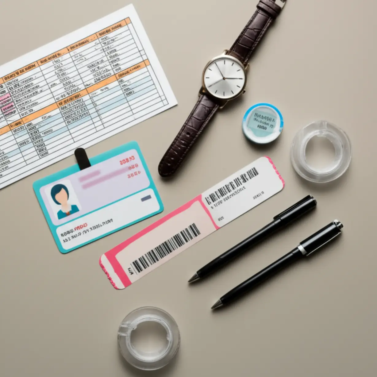 Neatly-arranged-exam-essentials-like-ID,-test-ticket,-pen,-and-watch.