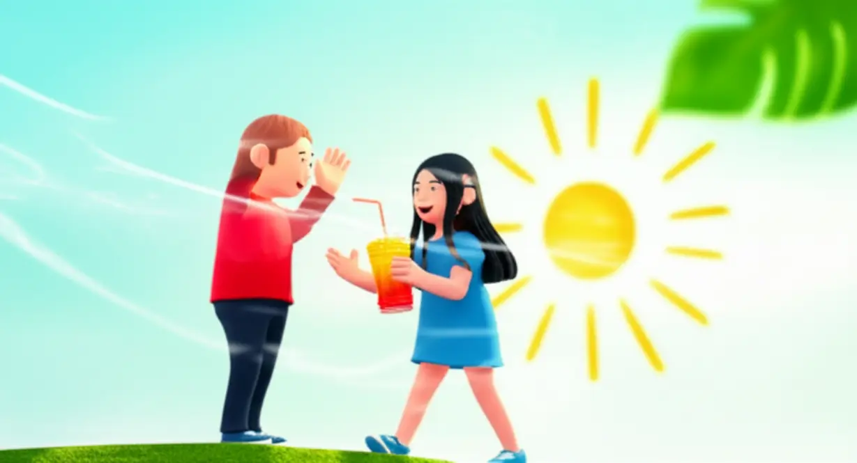 Two-cheerful-3D-cartoon-characters-greeting-each-other-in-a-summer-setting,-holding-refreshing-drinks.