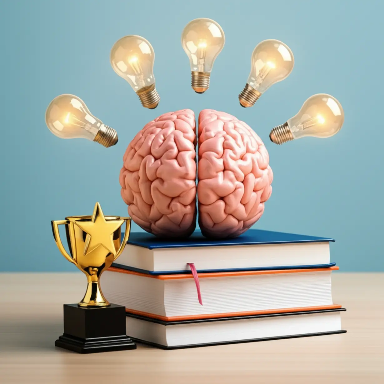 A-stylized-brain-with-light-bulbs,-books,-and-a-trophy,-symbolizing-successful-exam-preparation-and-knowledge.