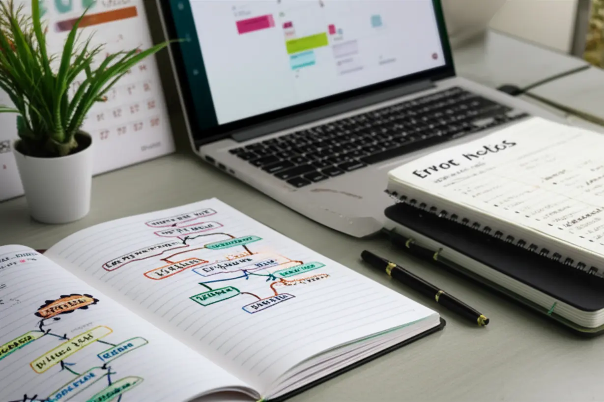 A-cute-3D-image-illustrating-effective-study-techniques,-featuring-a-mind-map-in-one-notebook-and-an-error-log-in-another,-emphasizing-structured-learning-and-correction,-set-in-a-tidy-study-space-with-a-laptop-and-calendar.