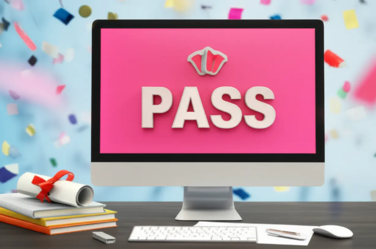 전산세무2급-시험-합격-화면과-자격증,-USB를-보여주며-고득점-합격의-기쁨을-표현.