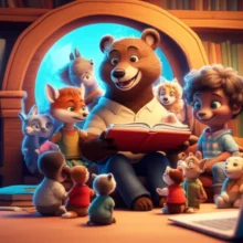 A-whimsical-3D-scene-of-an-animated-animal-character-reading-a-story-to-a-group-of-young-animal-children,-with-a-laptop-subtly-visible-in-the-background,-symbolizing-online-learning-and-the-joy-of-storytelling.