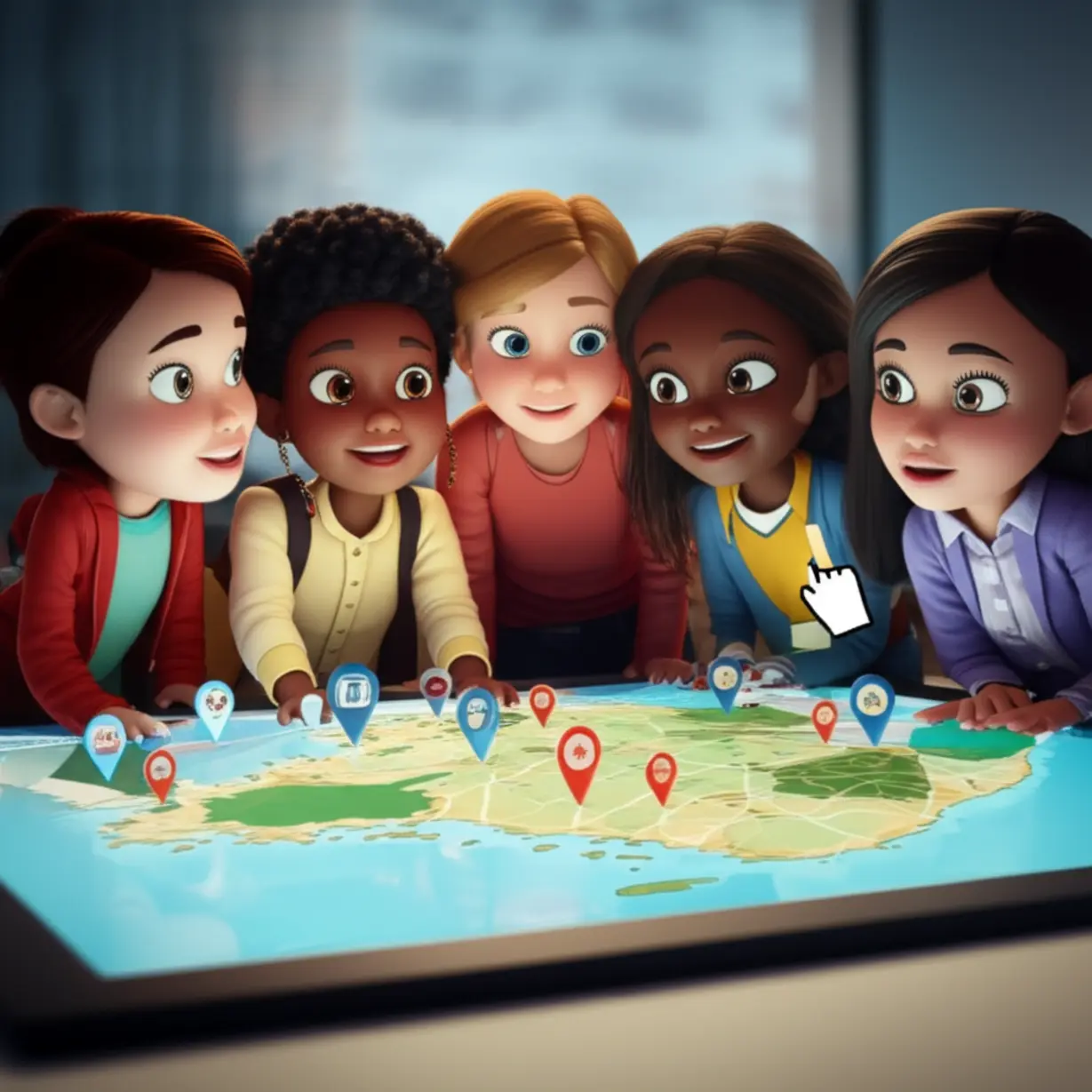 A-3D-image-of-children-looking-at-an-interactive-map-showing-career-experience-programs.