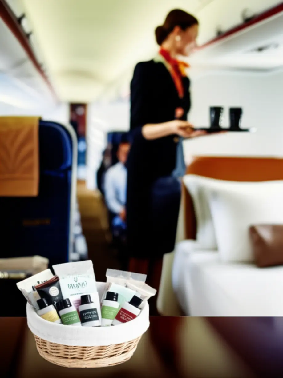 Elegant-hotel-room-amenities-and-a-flight-attendant-offering-complimentary-snacks-on-a-plane.