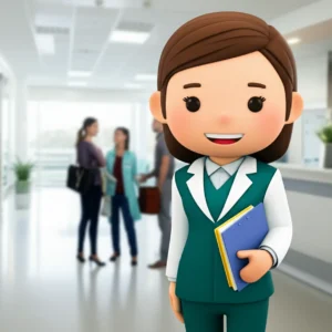A-friendly-3D-hospital-coordinator-character-helping-diverse-patients-in-a-modern-hospital-lobby,-symbolizing-excellent-service.