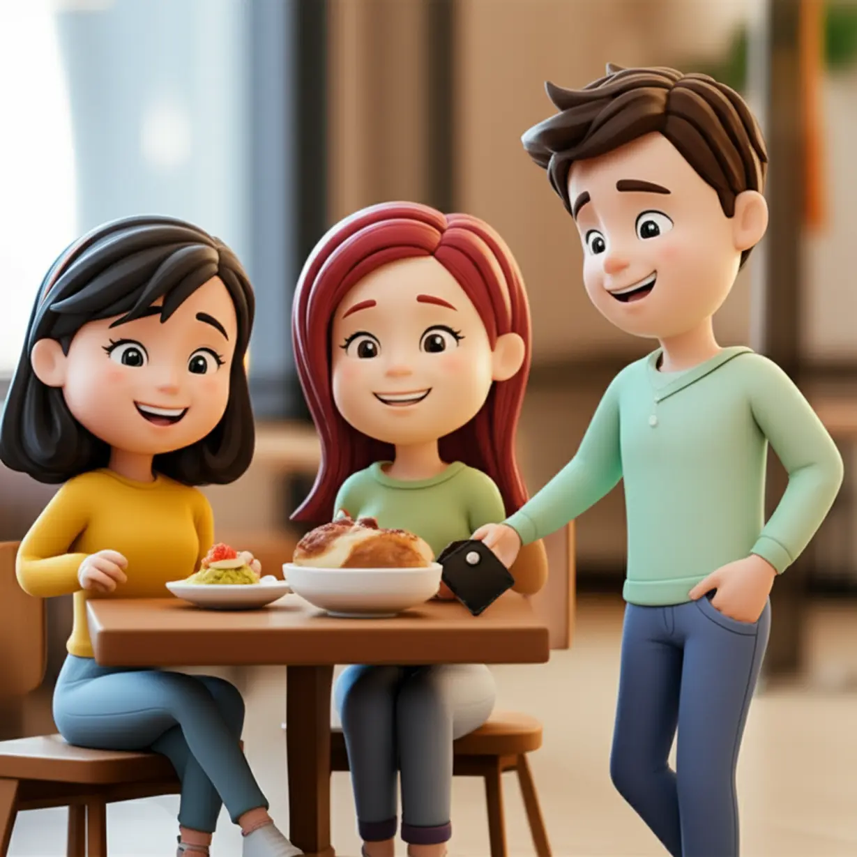 캐주얼한-카페에서-즐겁게-식사하는-세-친구의-귀여운-3D-이미지.-한-친구가-지갑에-손을-뻗어-계산하려-하는-모습으로-