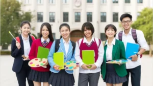 고등학생들이-미술-도구를-들고-대학-건물-앞에서-희망찬-표정으로-서-있는-모습