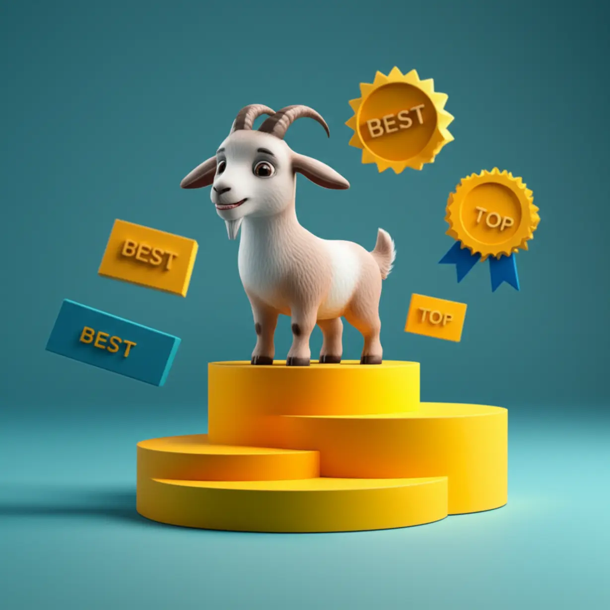 자신감-넘치는-염소-캐릭터가-최고임을-상징하는-받침대-위에-서-있는-모습