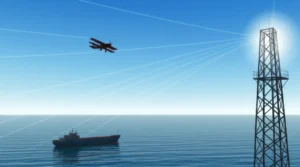 A-3D-illustration-showing-a-ship,-an-airplane,-and-a-radio-tower,-symbolizing-the-scope-of-restricted-radiotelephone-operations-and-global-communication.