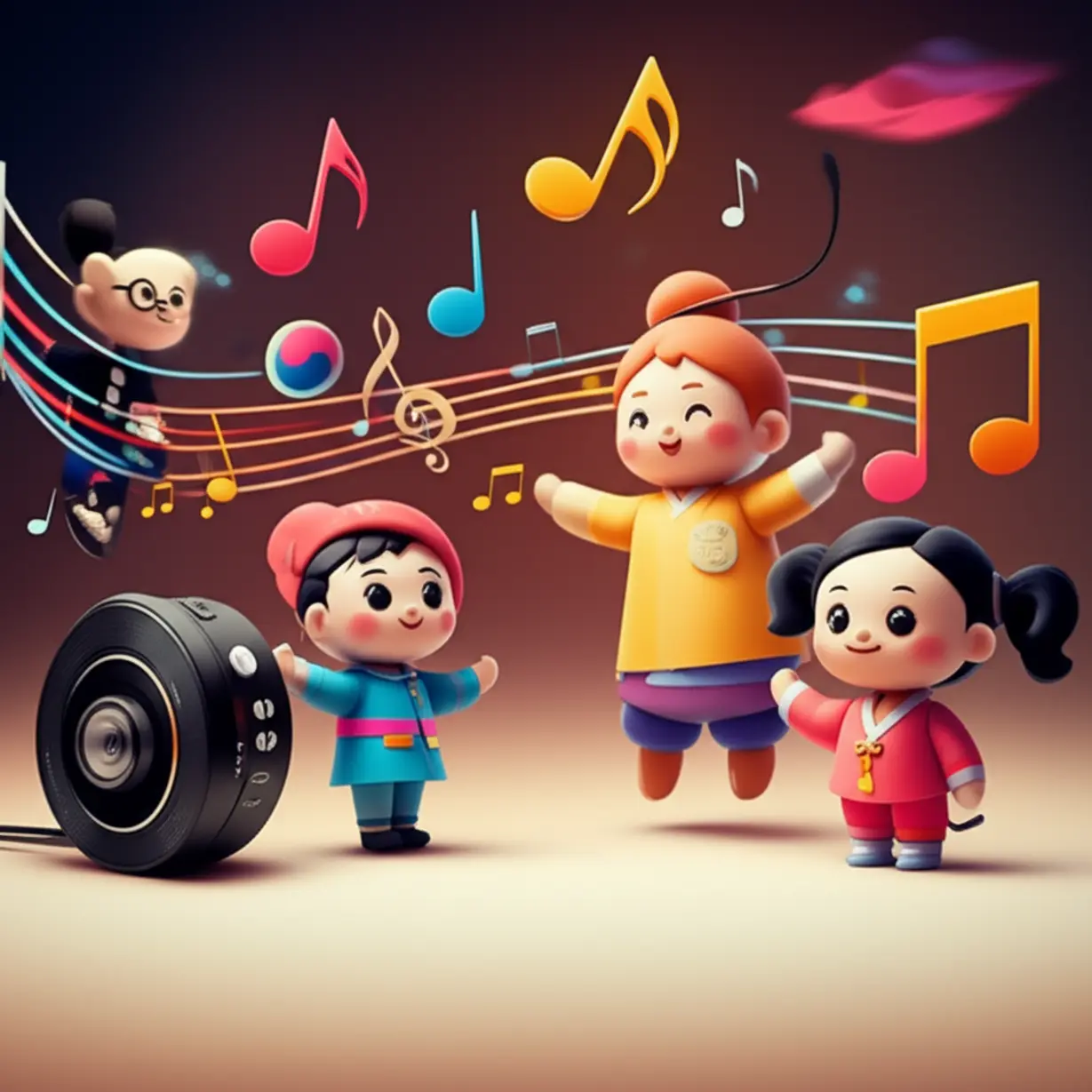 A-cute-3D-scene-of-diverse-characters-enjoying-K-Pop-and-Korean-culture,-symbolizing-global-unity-and-cultural-exchange.