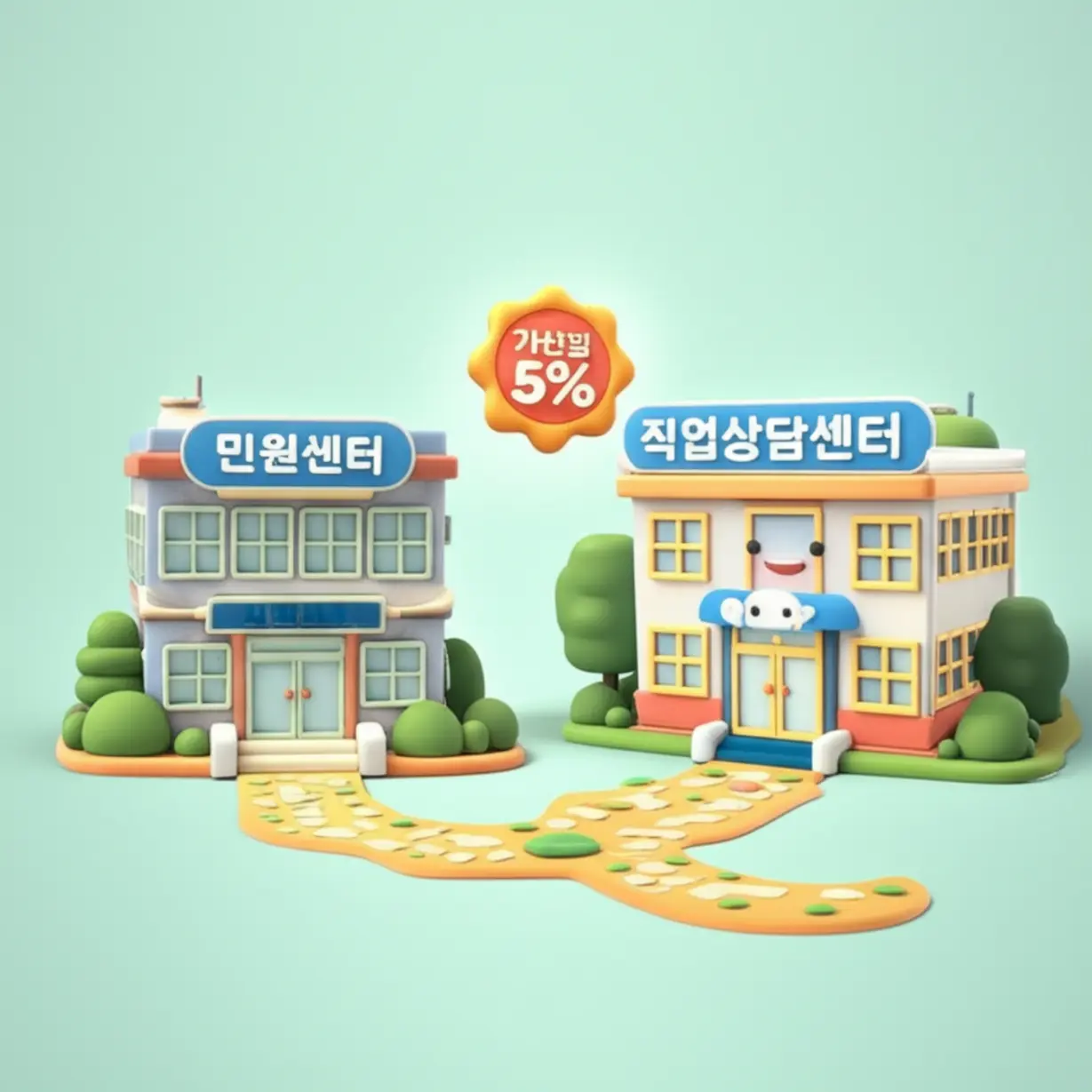 A-cute-3D-render-of-two-distinct-buildings,-a-government-service-center-and-a-vocational-counseling-center,-linked-by-a-path-with-a-